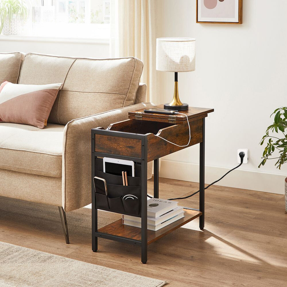 Nancy's Whiston Nachtkastje Met Stopcontacten- Zwart - Bruin - Staal - Industrieel - Bijzettafel- 60 x 31,5 x 60 cm L x B x H