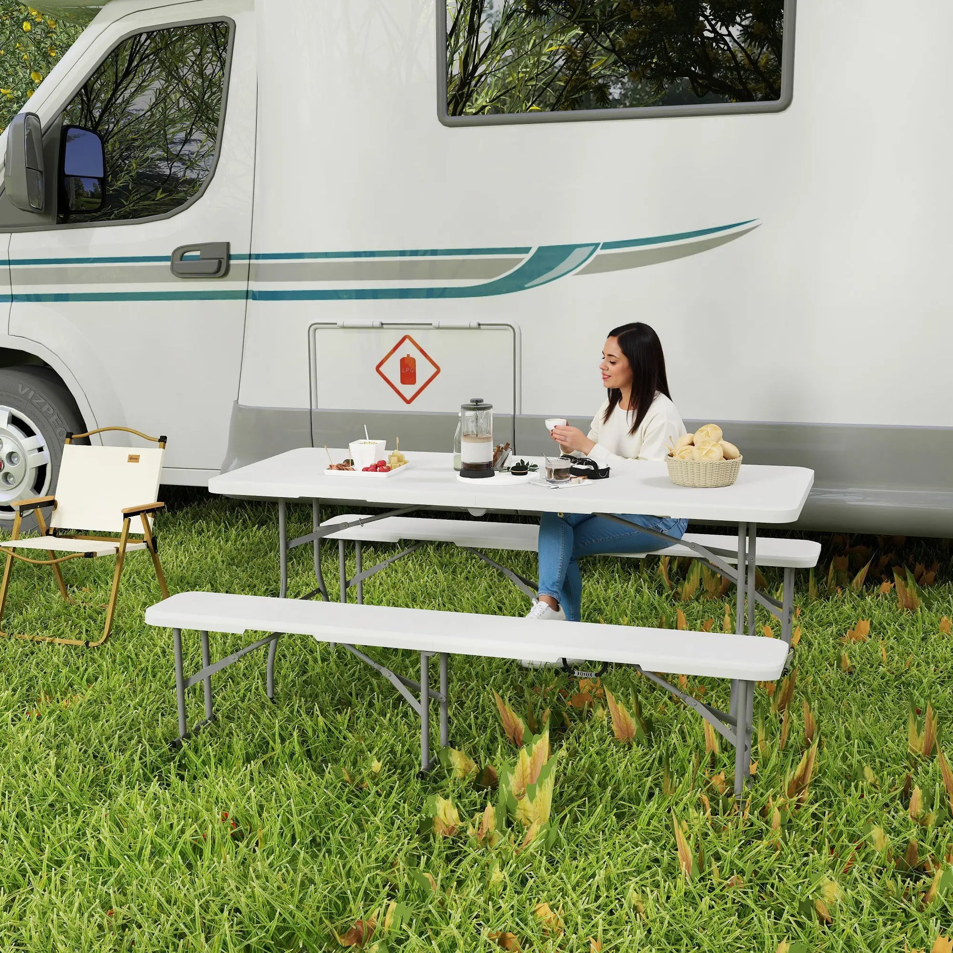 Nancy's Corsico Picknicktafel - Picknickbank - Campintafel - Campingbank - 3-Delige Set - Opvouwbaar - Wit