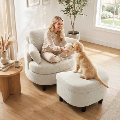 Nancy's Terenten Lounge Fauteuil - Relaxfauteuil - Loungestoel - Inclusief Voetenbankje - Verstelbaar - Crèmewit - Corduroy look