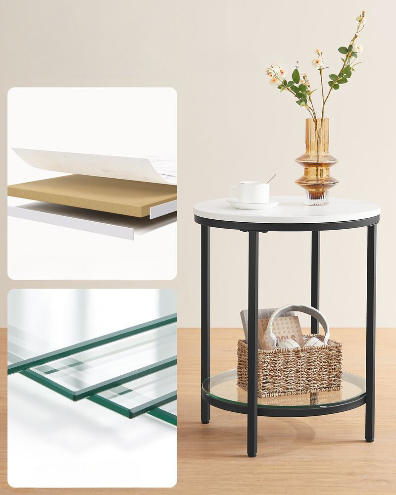 Nancy's Kirby Bijzettafel Wit Marmerlook - Zwart - Staal - Glas - Nachtkastje - Modern - 45 x 55 cm Ø x H