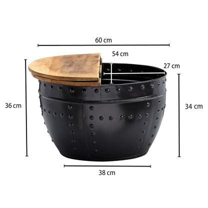 Nancy's Hettinger Salontafel - Koffietafel - Ronde Tafel - Bijzettafel - Opbergruimte - Massief Mangohout - Gerecycled Hout - Zwart - 60 x 60 x 36 cm
