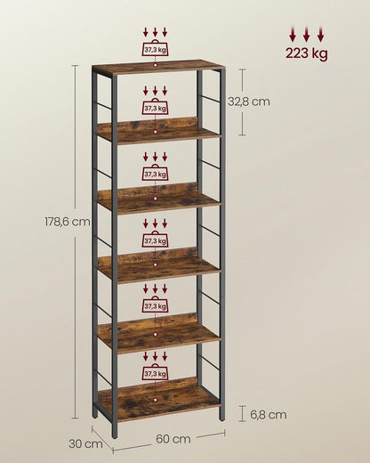 Nancy's Mesagne Boekenkast - Opbergkast - Vitrinekast - 6 planken - Vintage Bruin / Zwart - ± 60 x 30 x 180 cm