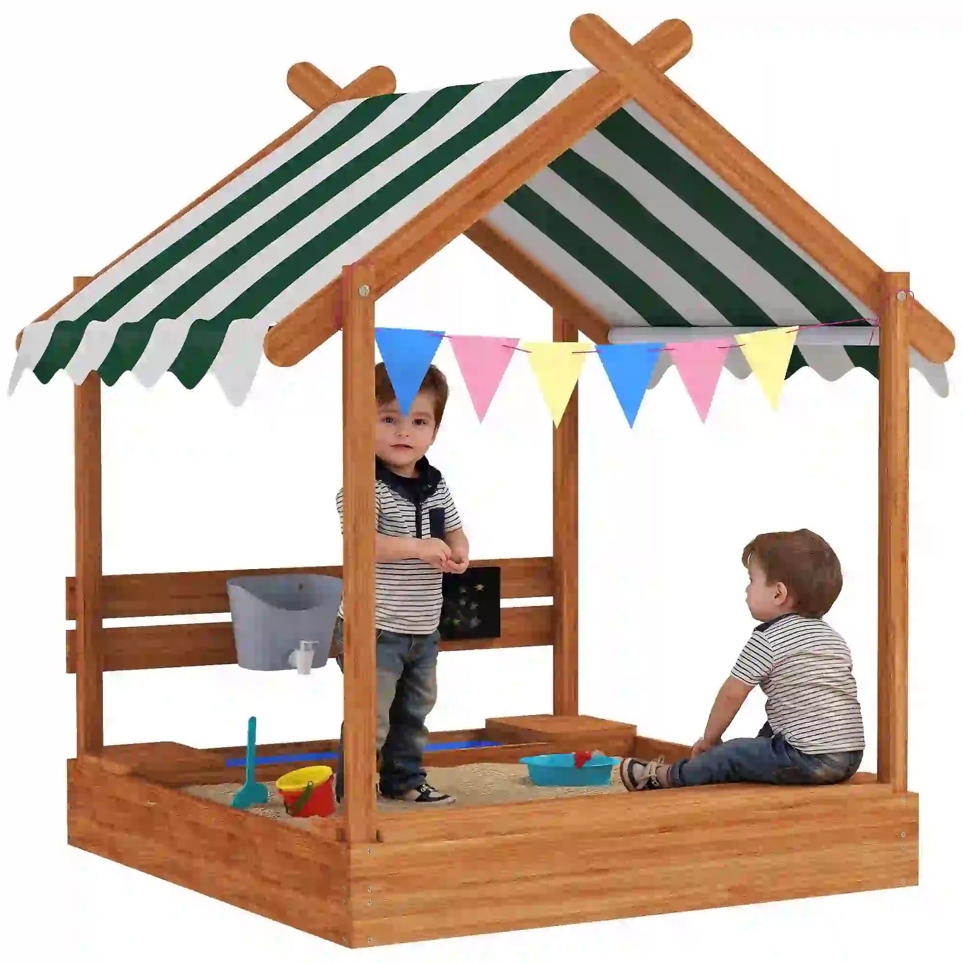 Nancy's Dossena Zandbak - Weerbestendig Dak - Met Speelset - Bruin / Groen / Wit - Dennenhout - ± 125 x 115 x 145 cm