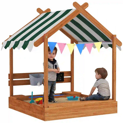 Nancy's Dossena Zandbak - Weerbestendig Dak - Met Speelset - Bruin / Groen / Wit - Dennenhout - ± 125 x 115 x 145 cm