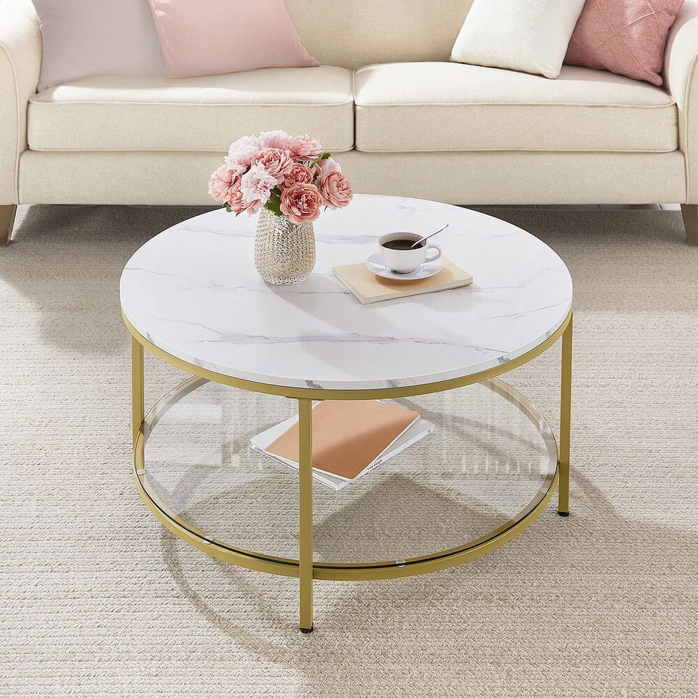 Nancy's Barnsley Coffee Table With White Marble Look Table Top - White - Gold - Steel - Modern - 80 x 44.5 cm