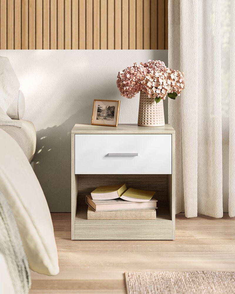 Nancy's Askern Nachtkastje Beige - Wit - Bijzettafel met lade - Modern - ± 40 x 30 x 40 cm