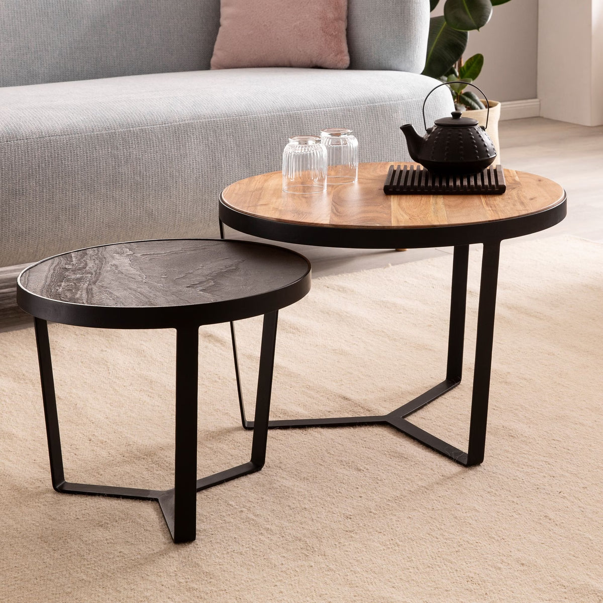 Nancy's Vaglia Salontafel Set - Bijzettafels Rond - Koffietafels - Massief Acaciahout / Staal