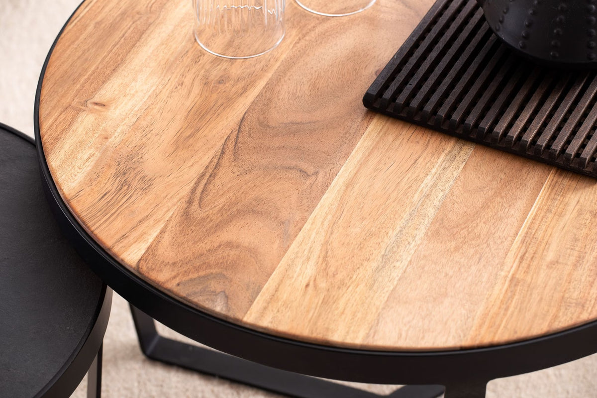 Nancy's Vaglia Salontafel Set - Bijzettafels Rond - Koffietafels - Massief Acaciahout / Staal