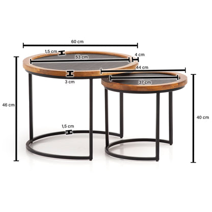 Nancy's Valfurva Salontafel Set - Bijzettafels - Koffietafels - Rond - Massief Mangohout / Staal