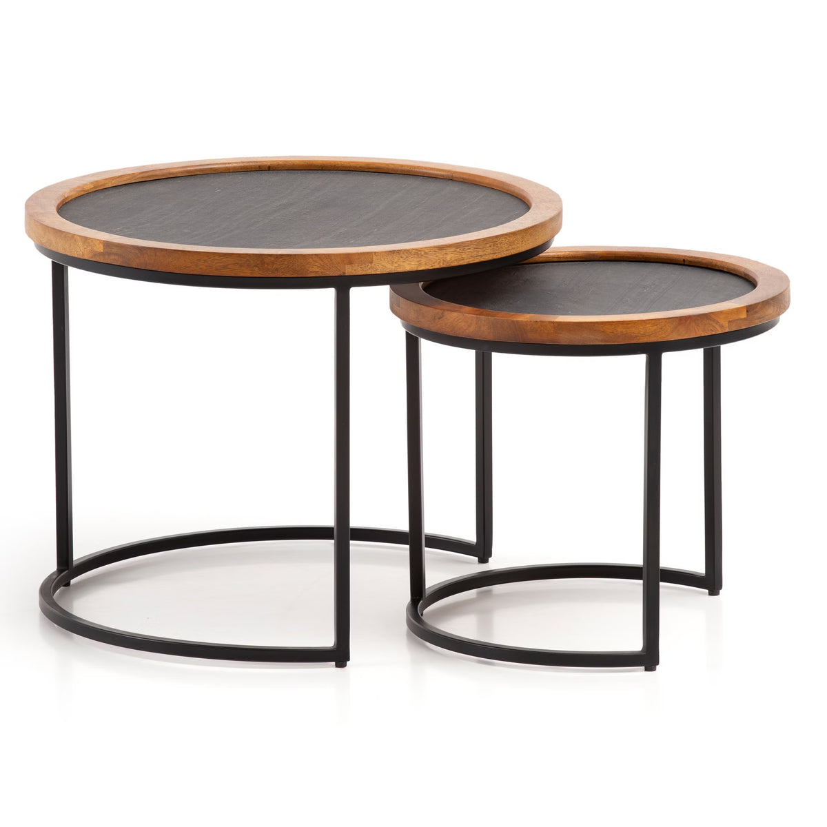 Nancy's Valfurva Salontafel Set - Bijzettafels - Koffietafels - Rond - Massief Mangohout / Staal