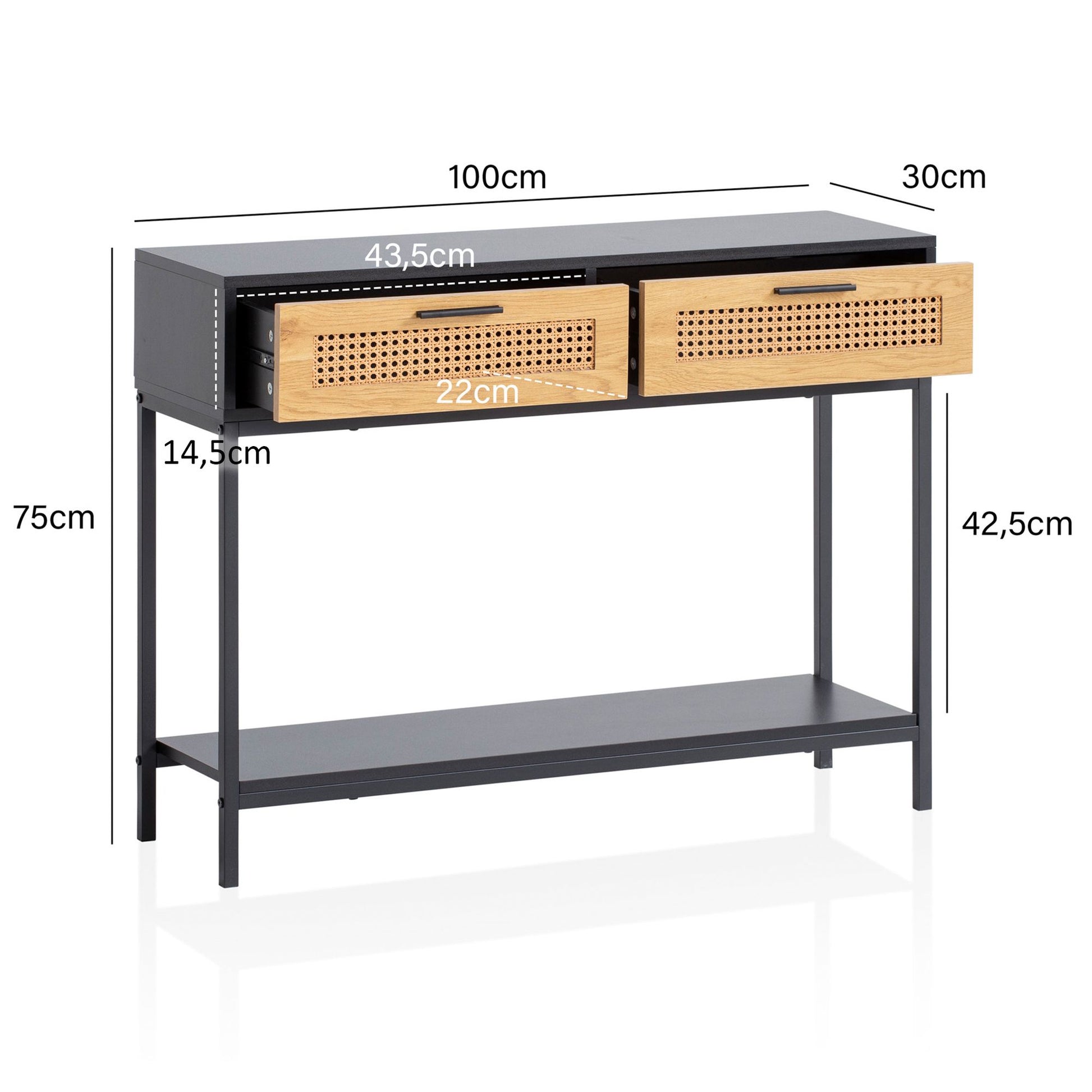 Nancy's Ermida Sidetable - Consoletafel - Bijzettafel - Bruin / Zwart - Rotan / MDF / Staal - 100 x 30 x 75 cm