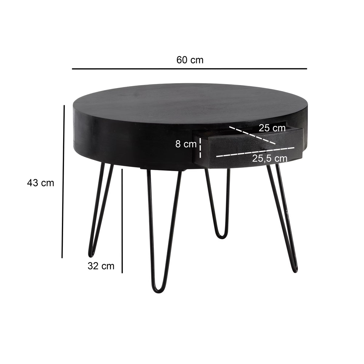 Nancy's Udine Salontafel - Koffietafel - Bijzettafel - Rond - Zwart - Massief Mangohout - ± 60 x 60 x 45 cm