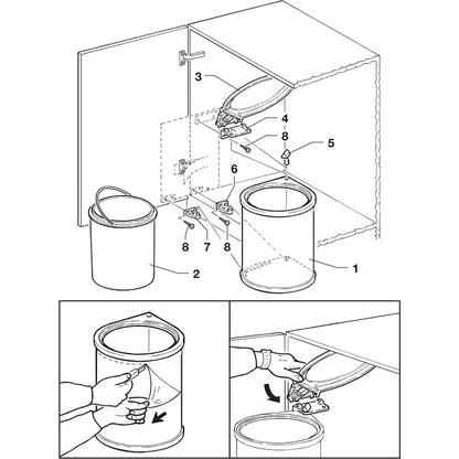 Inbouw prullenbak - Inbouw afvalemmer - Inbouw afvalbak - Inbouw vuilnisbak - 13 Liter rond Grijs