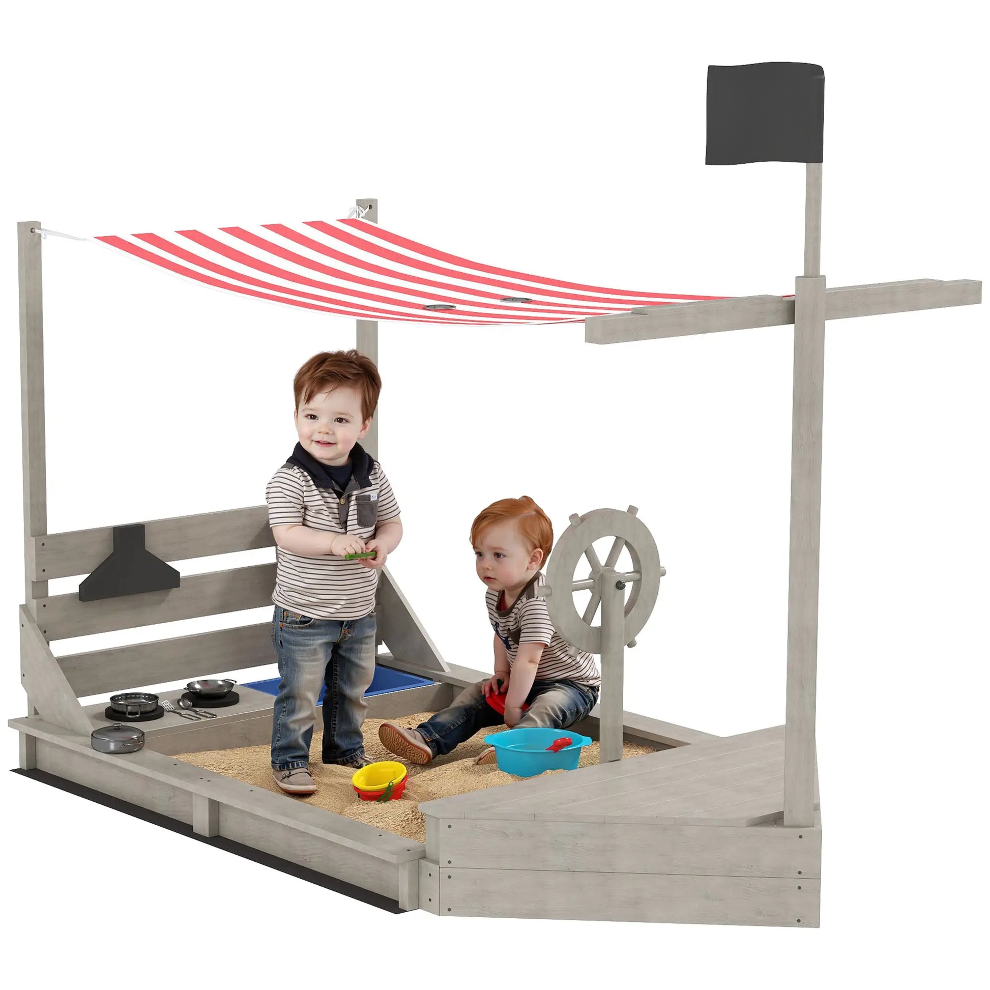 Nancy's Dormelletto Zandbak - Met Keukenset - Piratenschip - Grijs - Dennenhout - ± 180 x 100 x 145 cm
