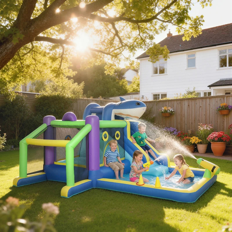 Nancy's Romallo Springkussen - 8-in-1 speelparadijs - Glijbaan - Waterkanon - Zwembad / Ballenbak - Meerkleurig - 405 x 345 x 235 cm