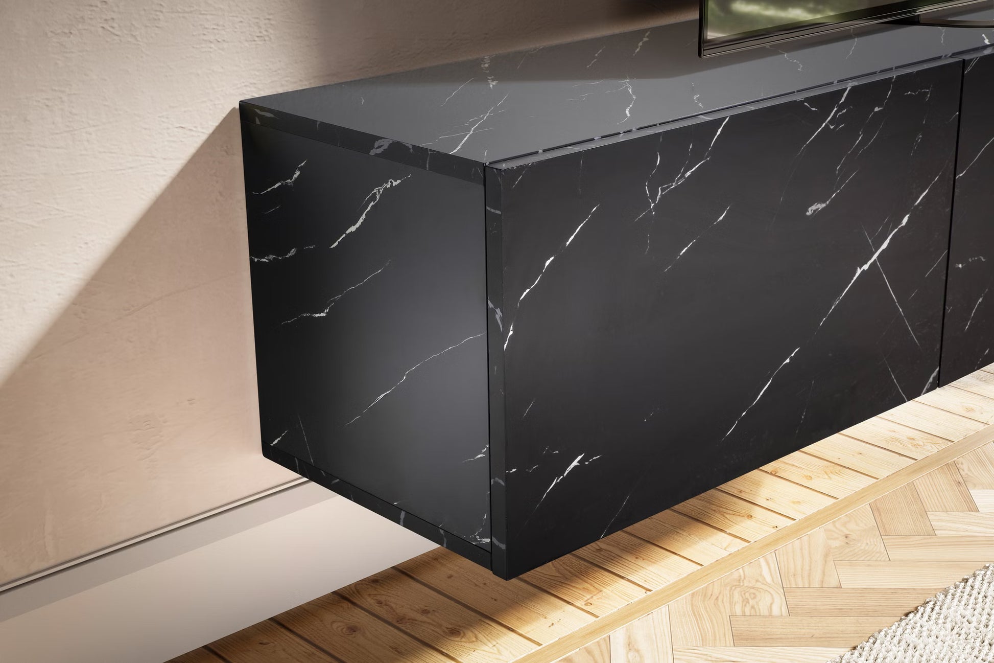 Nancy's Monguzzo TV Meubel - TV Kast - Lowboard - Zwevend - Zwart - Marmerlook - 160 x 30 x 30 cm