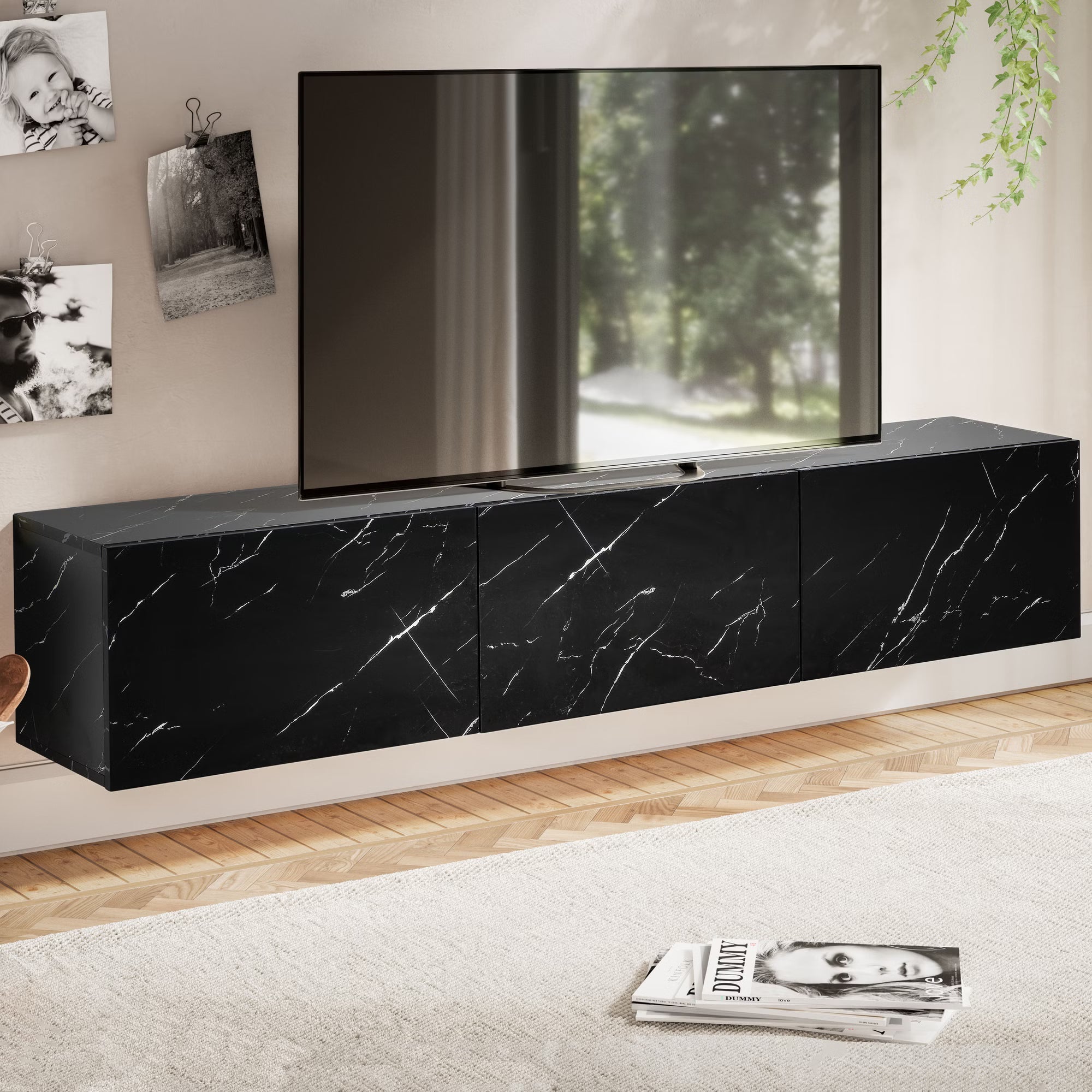 Nancy's Monguzzo TV Meubel - TV Kast - Lowboard - Zwevend - Zwart - Marmerlook - 160 x 30 x 30 cm