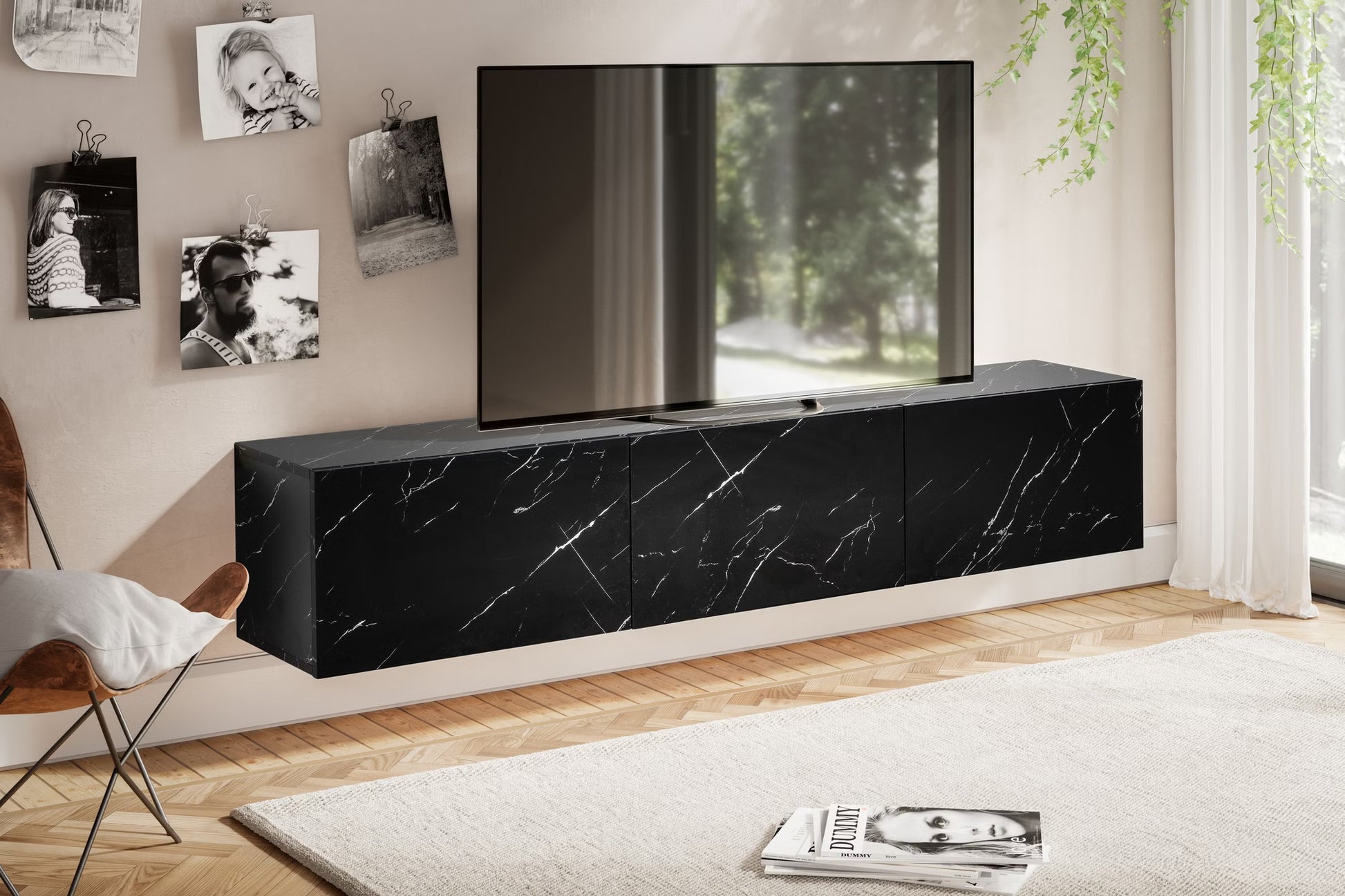 Nancy's Monguzzo TV Meubel - TV Kast - Lowboard - Zwevend - Zwart - Marmerlook - 160 x 30 x 30 cm