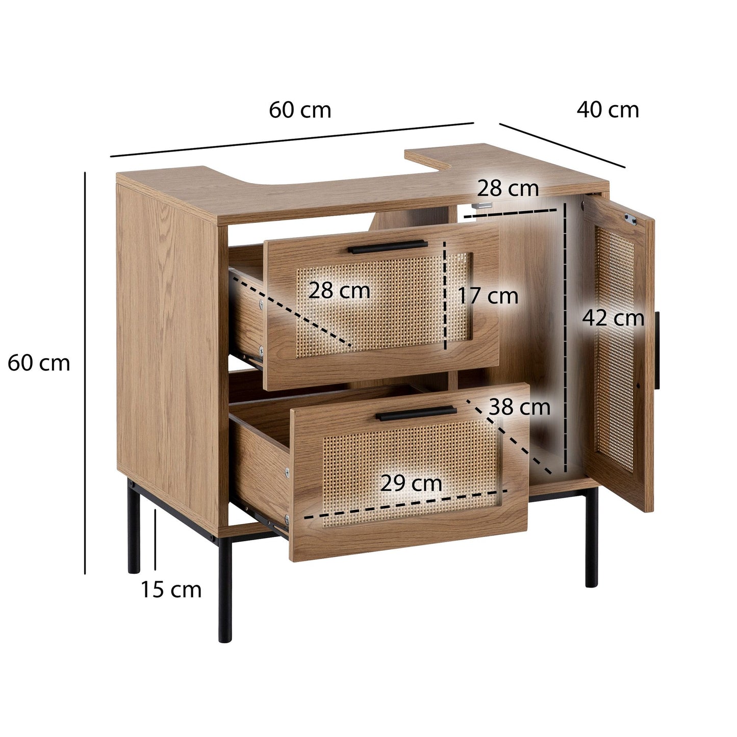 Nancy's Cacilhas Wastafelkast - Badkamermeubel - Wastafelmeubel - Bruin / Zwart - Eiken look / Rotan - 60 x 60 x 40 cm