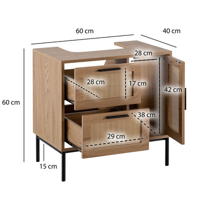 Nancy's Cacilhas Wastafelkast - Badkamermeubel - Wastafelmeubel - Bruin / Zwart - Eiken look / Rotan - 60 x 60 x 40 cm