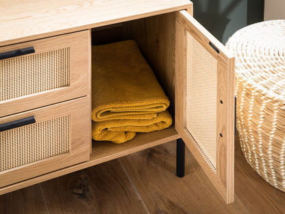 Nancy's Cacilhas Wastafelkast - Badkamermeubel - Wastafelmeubel - Bruin / Zwart - Eiken look / Rotan - 60 x 60 x 40 cm