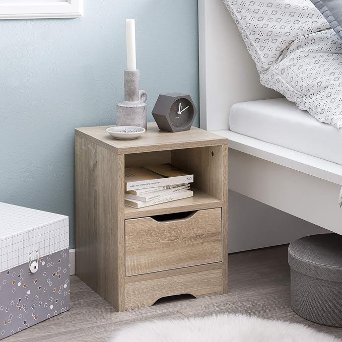 WOHNLING Bedside table Sonoma with drawer and storage space