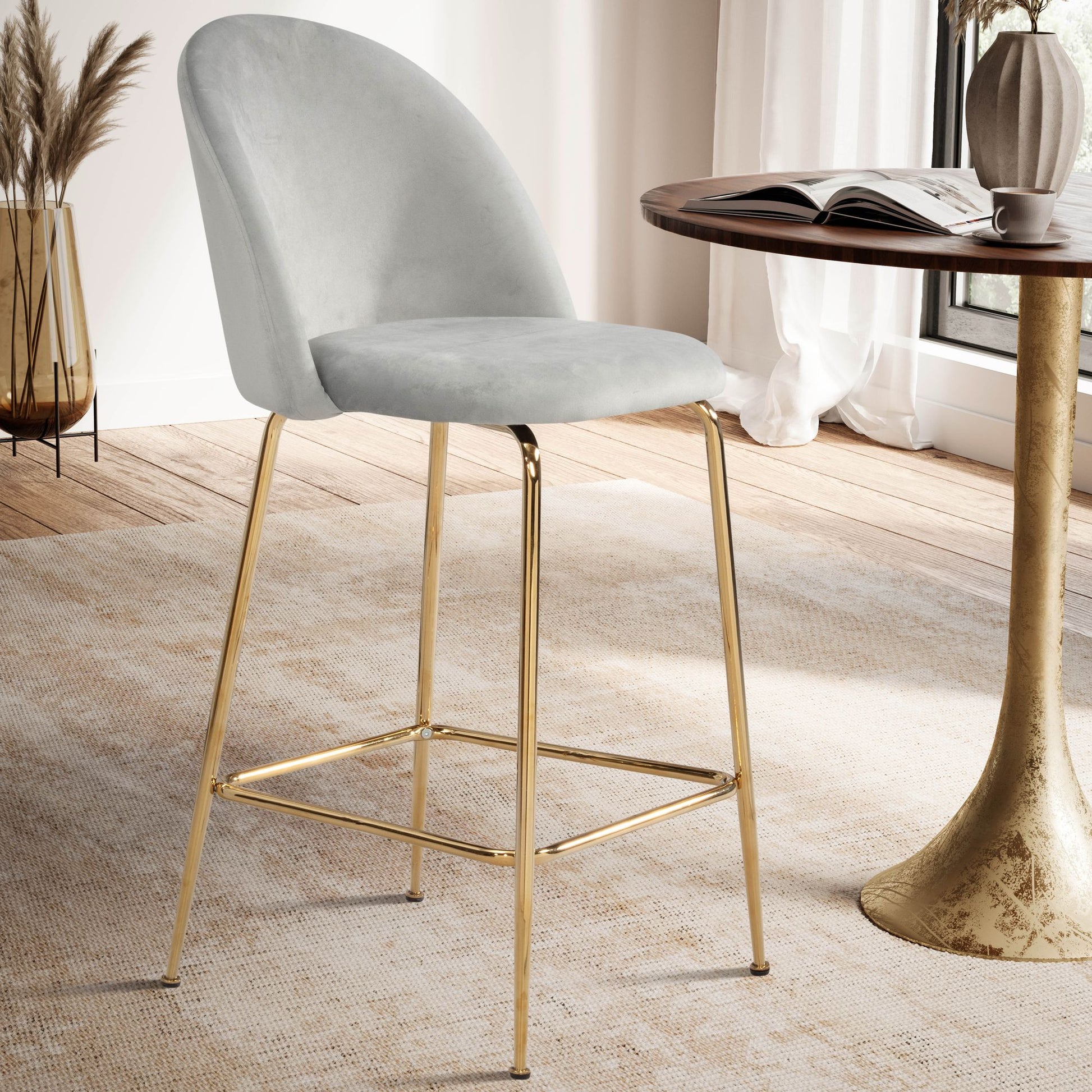 Nancy's Zibreira Barkruk - Barstoel - Set van 2 - Grijs / Goud - Fluweel - 50 x 50 x 102 cm
