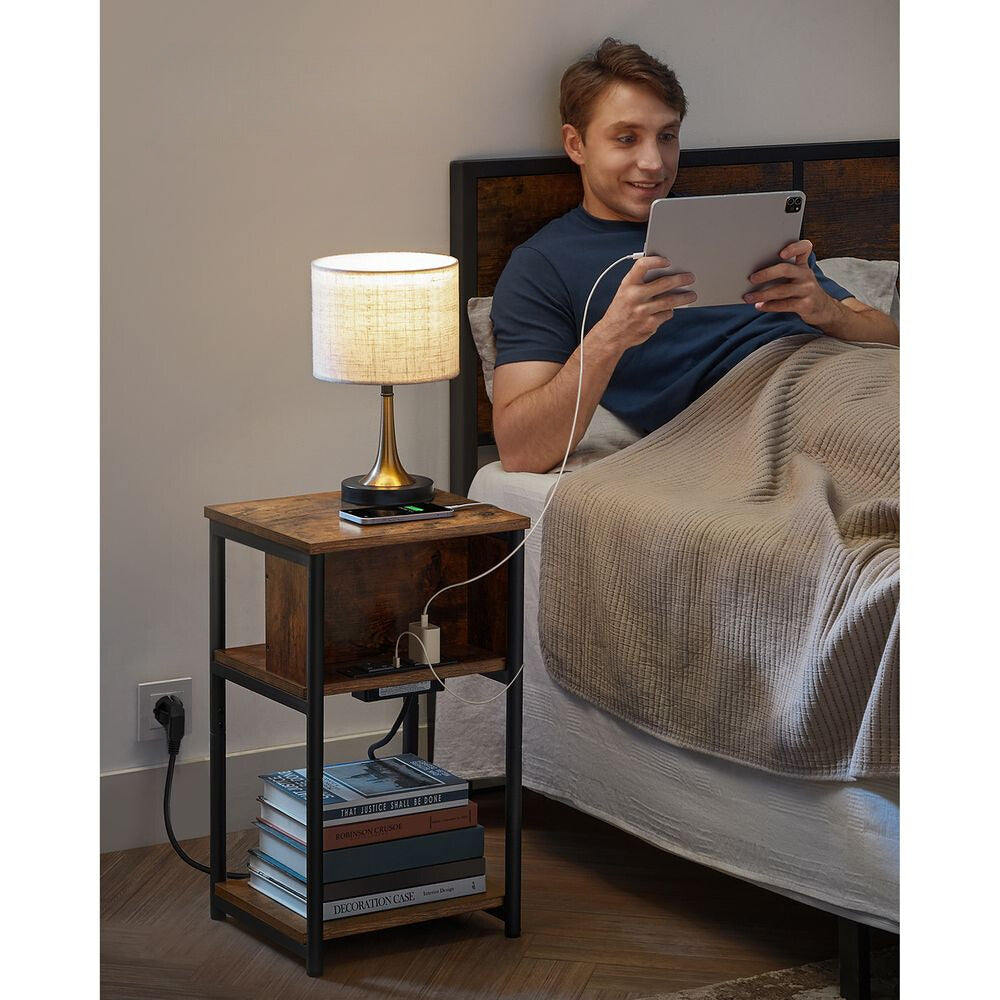 Nancy's Crowle Bedside Table Brown With Sockets - Industrial - Side Table - 34 x 30 x 58 cm