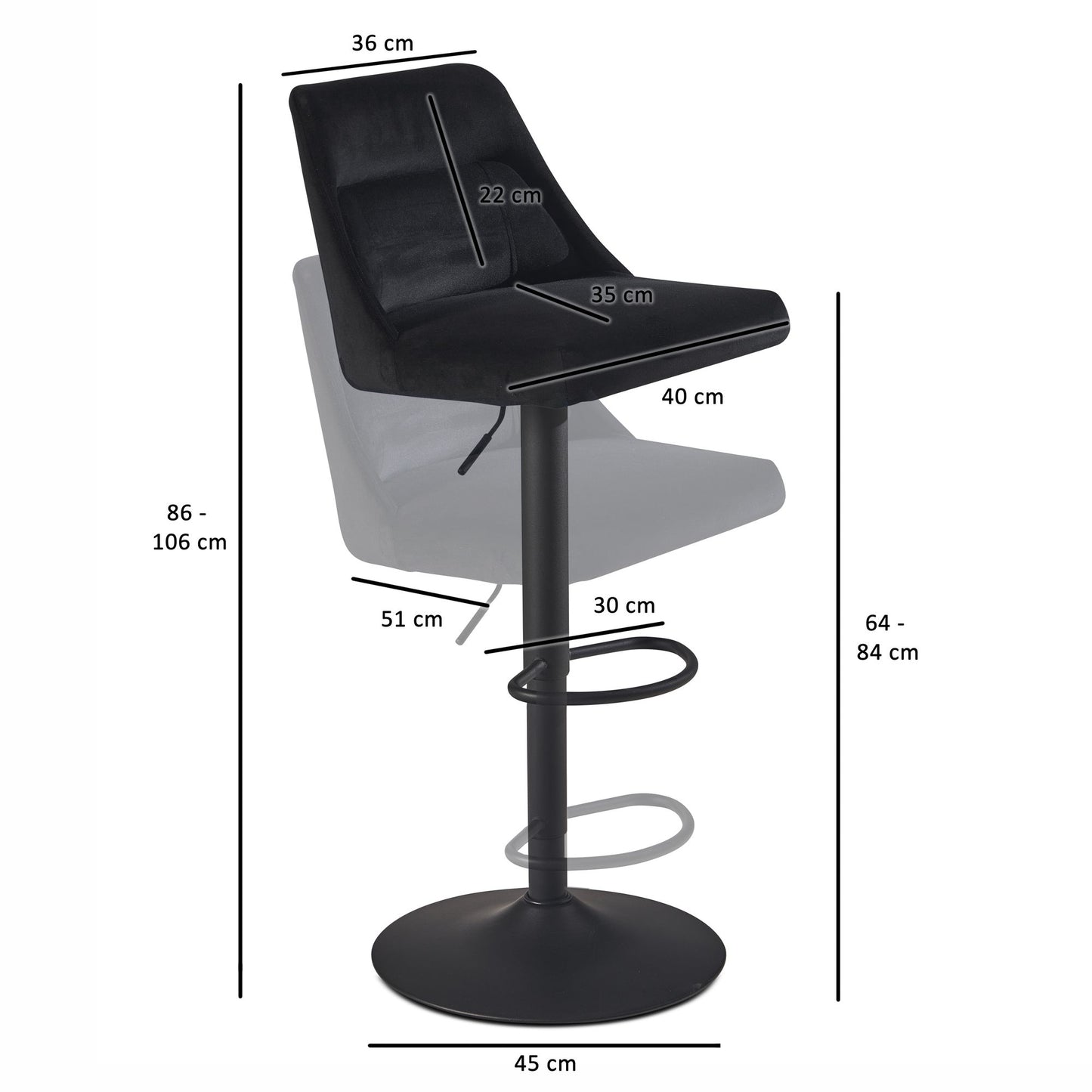 Nancy's Vouzela Barkruk - Barstoel - Zwart - Fluweel - 45 x 51 x 86-106 cm