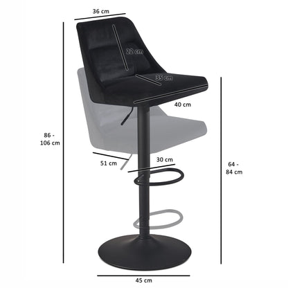 Nancy's Vouzela Barkruk - Barstoel - Zwart - Fluweel - 45 x 51 x 86-106 cm