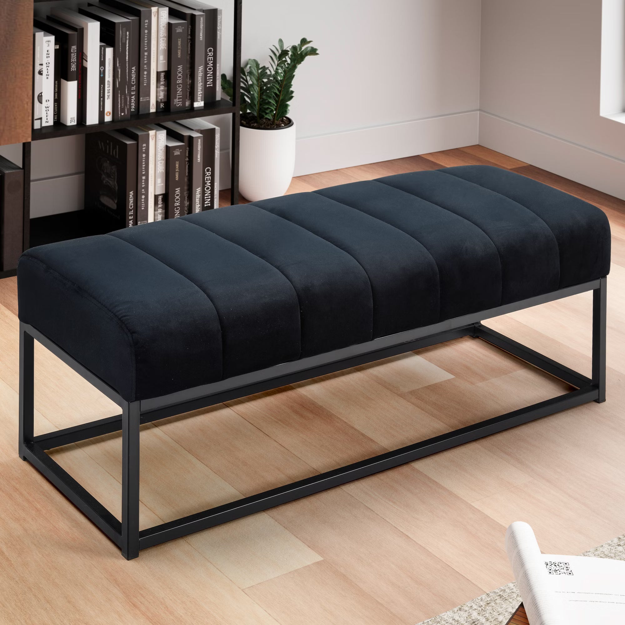 Nancy's Monno Bankje - Zitbankje - Halbankje -Zwart - Fluweel - ± 110 x 40 x 40 cm