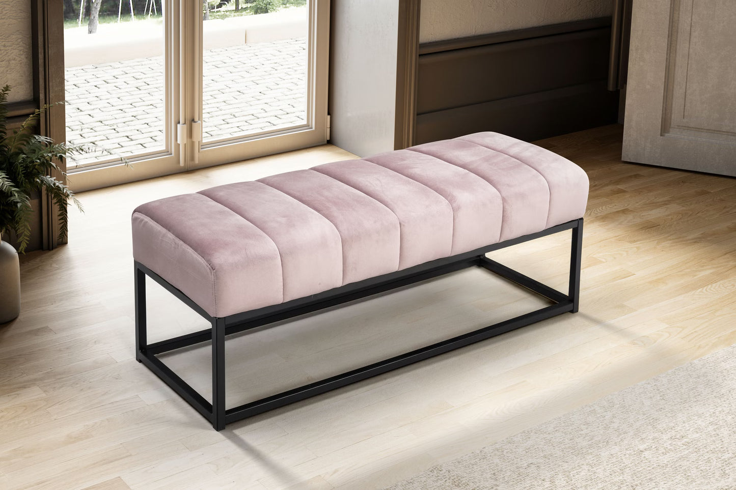 Nancy's Monreale Bankje - Zitbankje - Gangbankje - Halbankje - Roze / Zwart - Fluweel - ± 110 x 40 x 40 cm