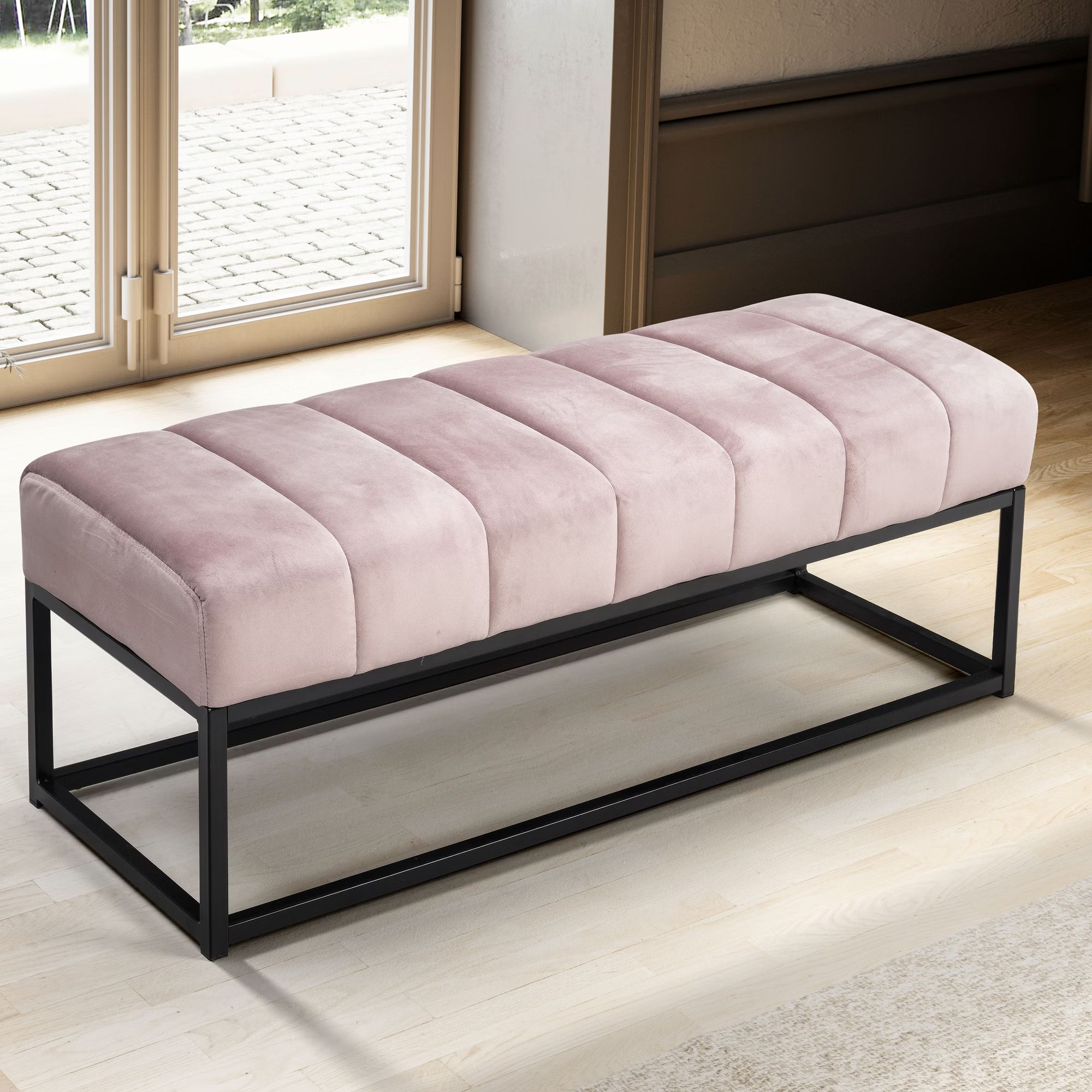 Nancy's Monreale Bankje - Zitbankje - Gangbankje - Halbankje - Roze / Zwart - Fluweel - ± 110 x 40 x 40 cm