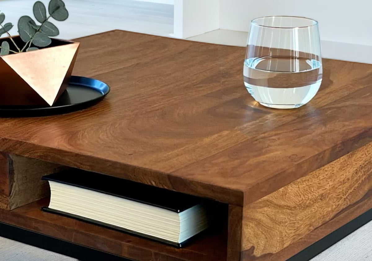 Nancy's Turbigo Salontafel - Koffietafel - Praktische opbergvakken - Massief Sheeshamhout - 60 x 60 x 40 cm