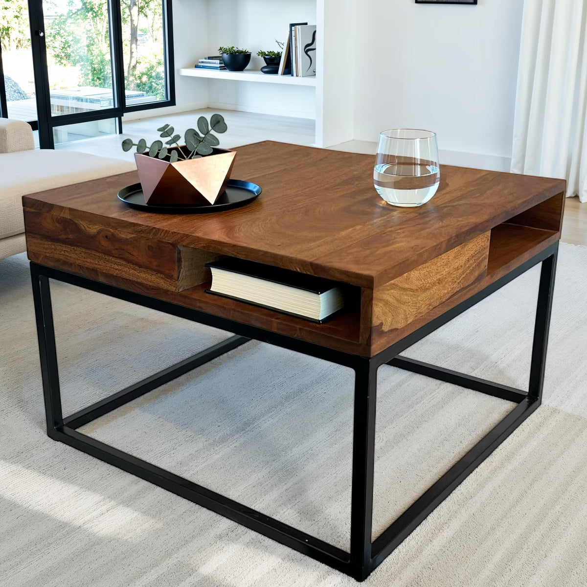 Nancy's Turbigo Salontafel - Koffietafel - Praktische opbergvakken - Massief Sheeshamhout - 60 x 60 x 40 cm