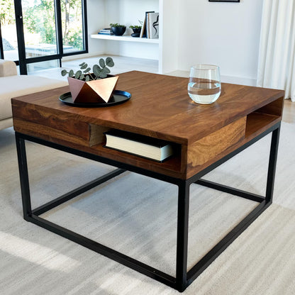 Nancy's Turbigo Salontafel - Koffietafel - Praktische opbergvakken - Massief Sheeshamhout - 60 x 60 x 40 cm
