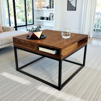 Nancy's Turbigo Salontafel - Koffietafel - Praktische opbergvakken - Massief Sheeshamhout - 60 x 60 x 40 cm