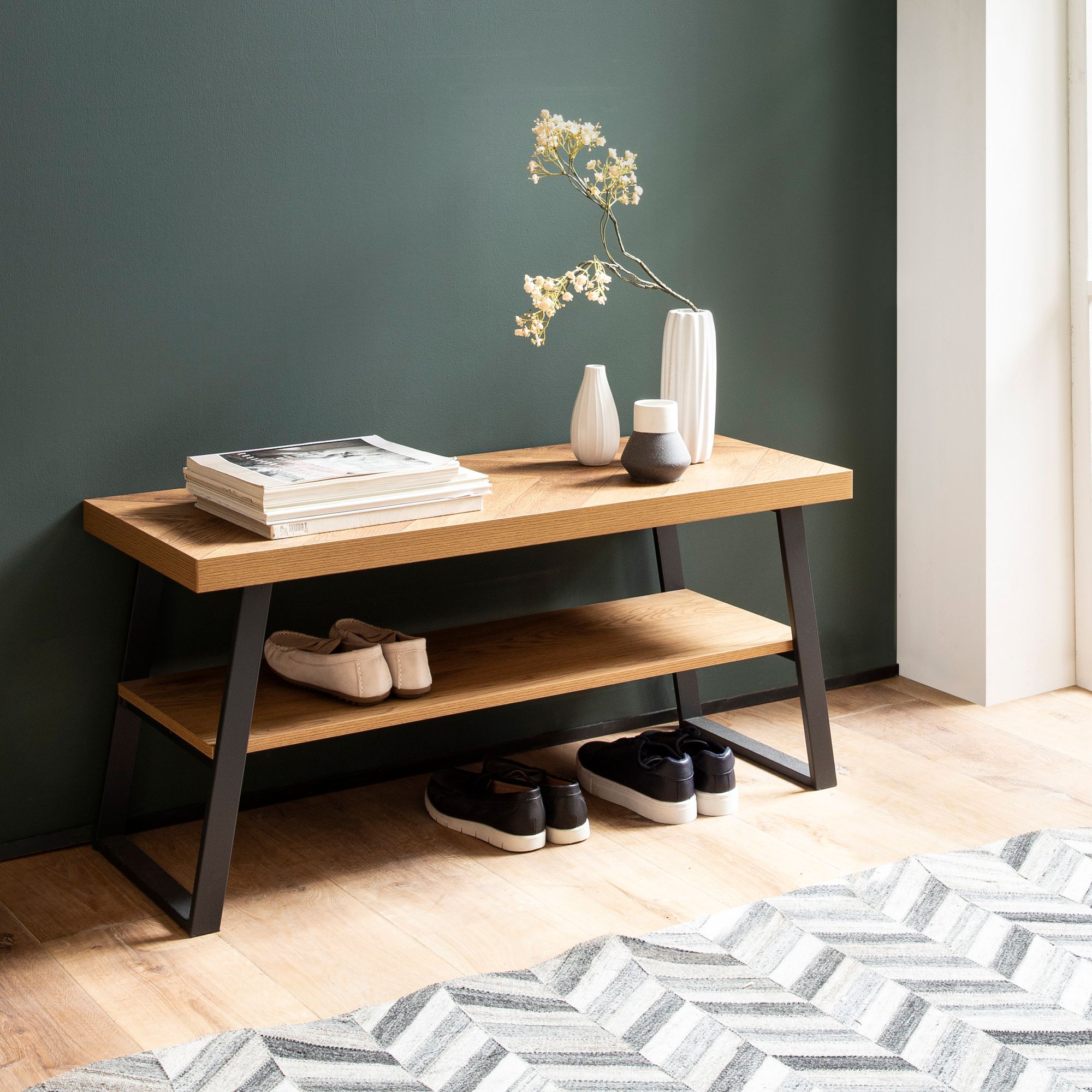 Nancy's Rogil Shoe Bench - Shoe Rack - Hallway Bench - Brown / Black - Oak Look - ± 100 x 40 x 40 cm