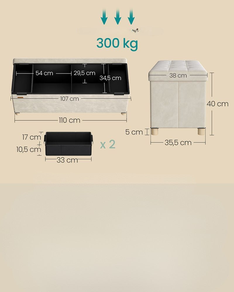Nancy's Erbusco Opbergbank - Poef met Opbergruimte - Bankje - Beige - Fluweel - ± 110 x 40 x 40 cm