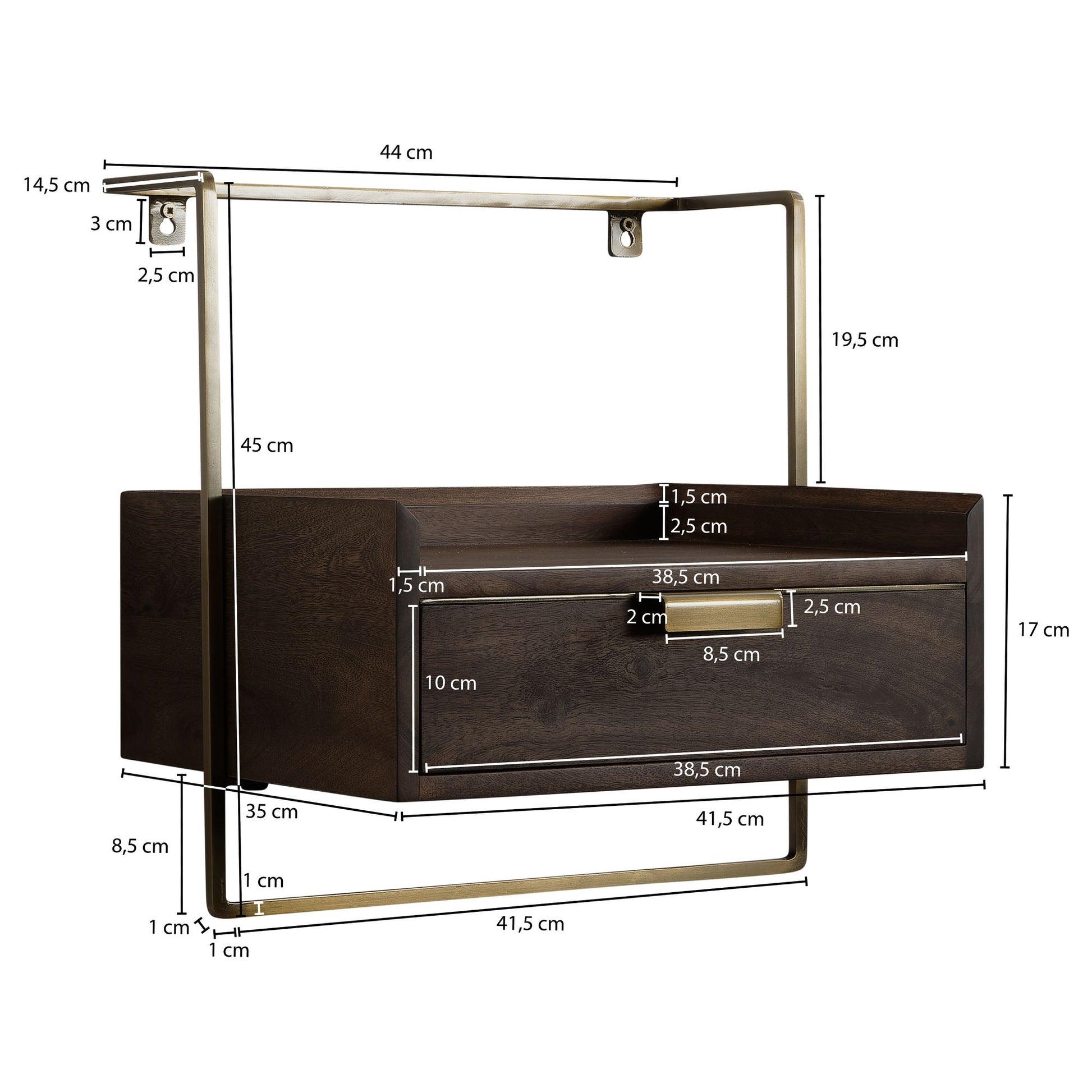 Nancy's Bovolenta Nachtkastje - Zwevende Lade - Donkerbruin / Goud - ± 40 x 10 x 30 cm
