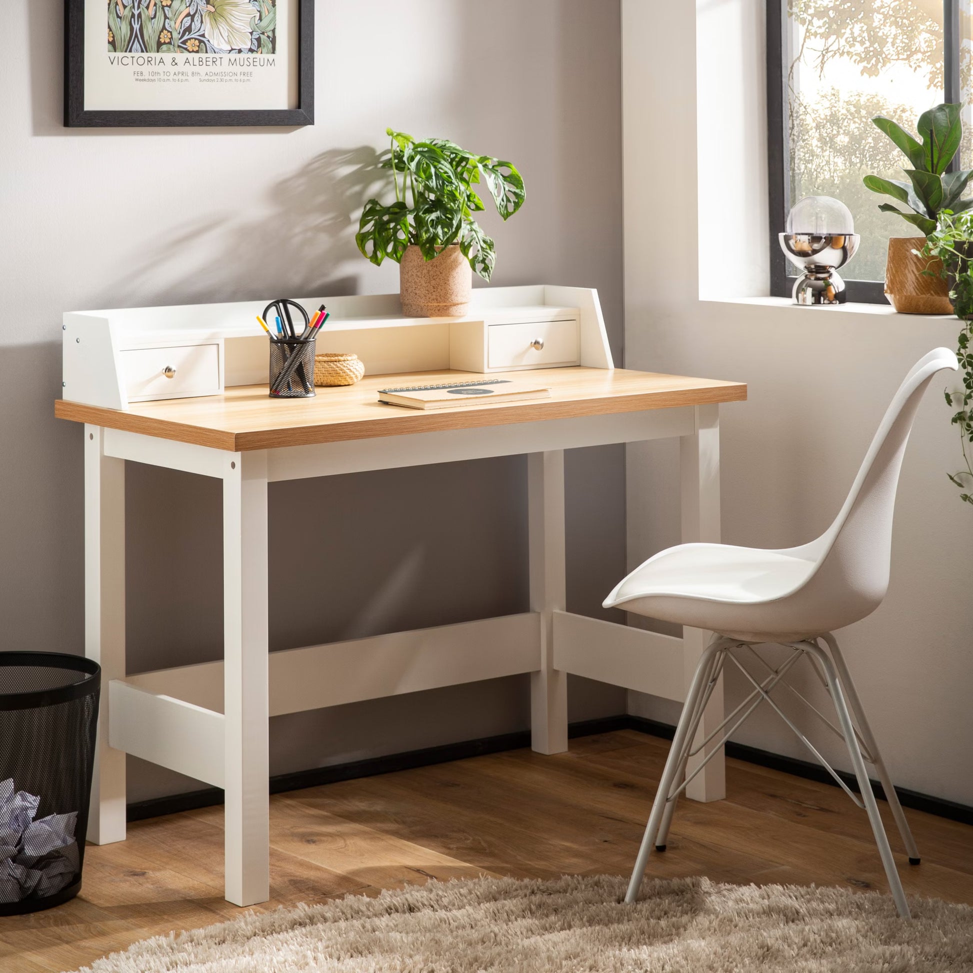 Nancy's Premana Bureau - Computertafel - Opbergvakken - Wit / Eiken - ± 105 x 55 x 90 cm