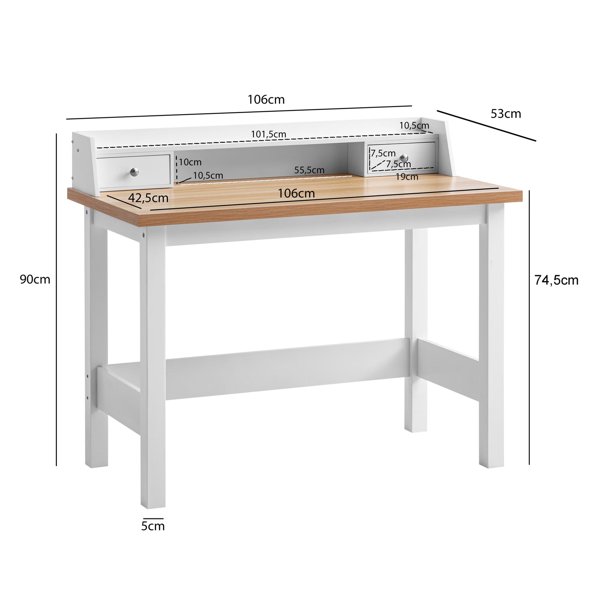 Nancy's Premana Bureau - Computertafel - Opbergvakken - Wit / Eiken - ± 105 x 55 x 90 cm