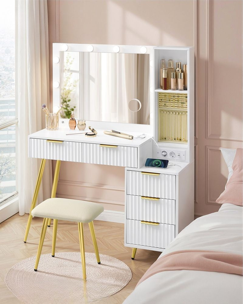 Nancy's Pinzolo Kaptafel met krukje - Make Up Tafel - Spiegel met LED Verlichting - Wit - 110 x 40 x 135 cm