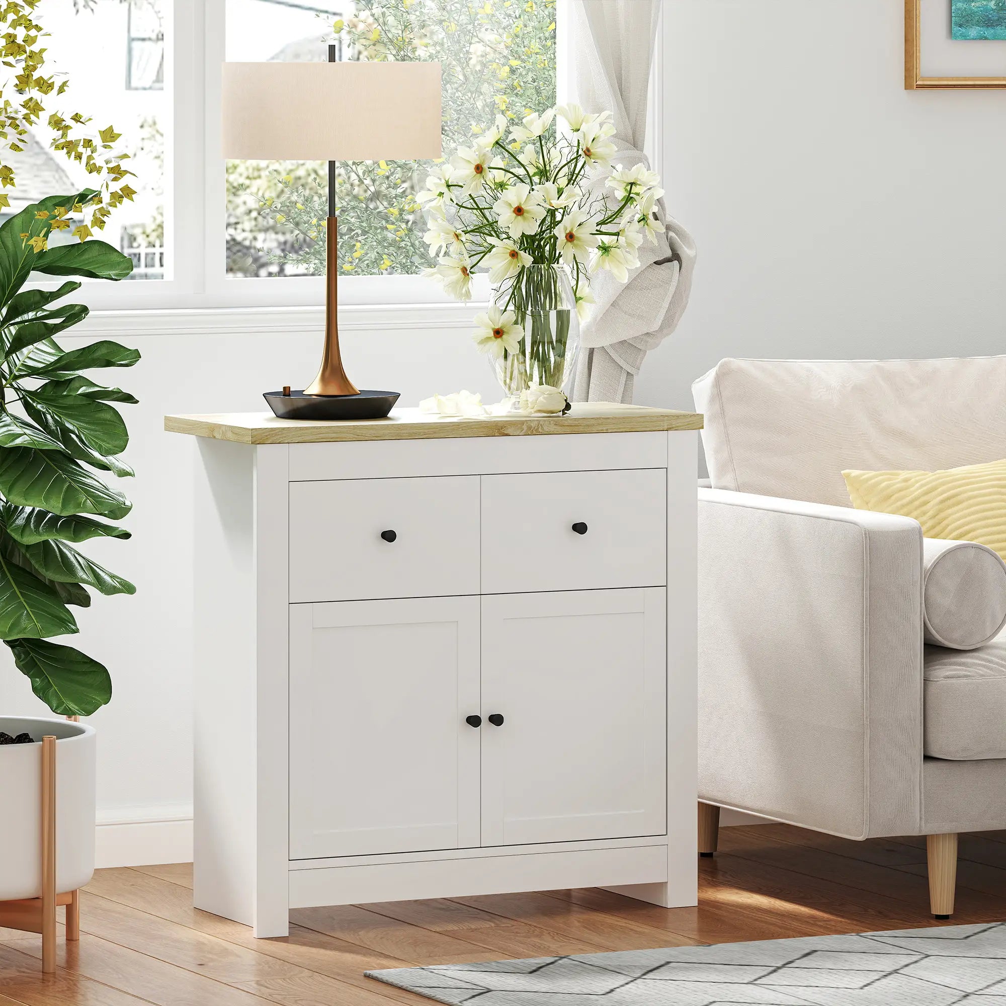 Nancy's Jerzu Commode - Dressoir - Opbergkast - Wit / Eiken - ± 80 x 35 x 80 cm
