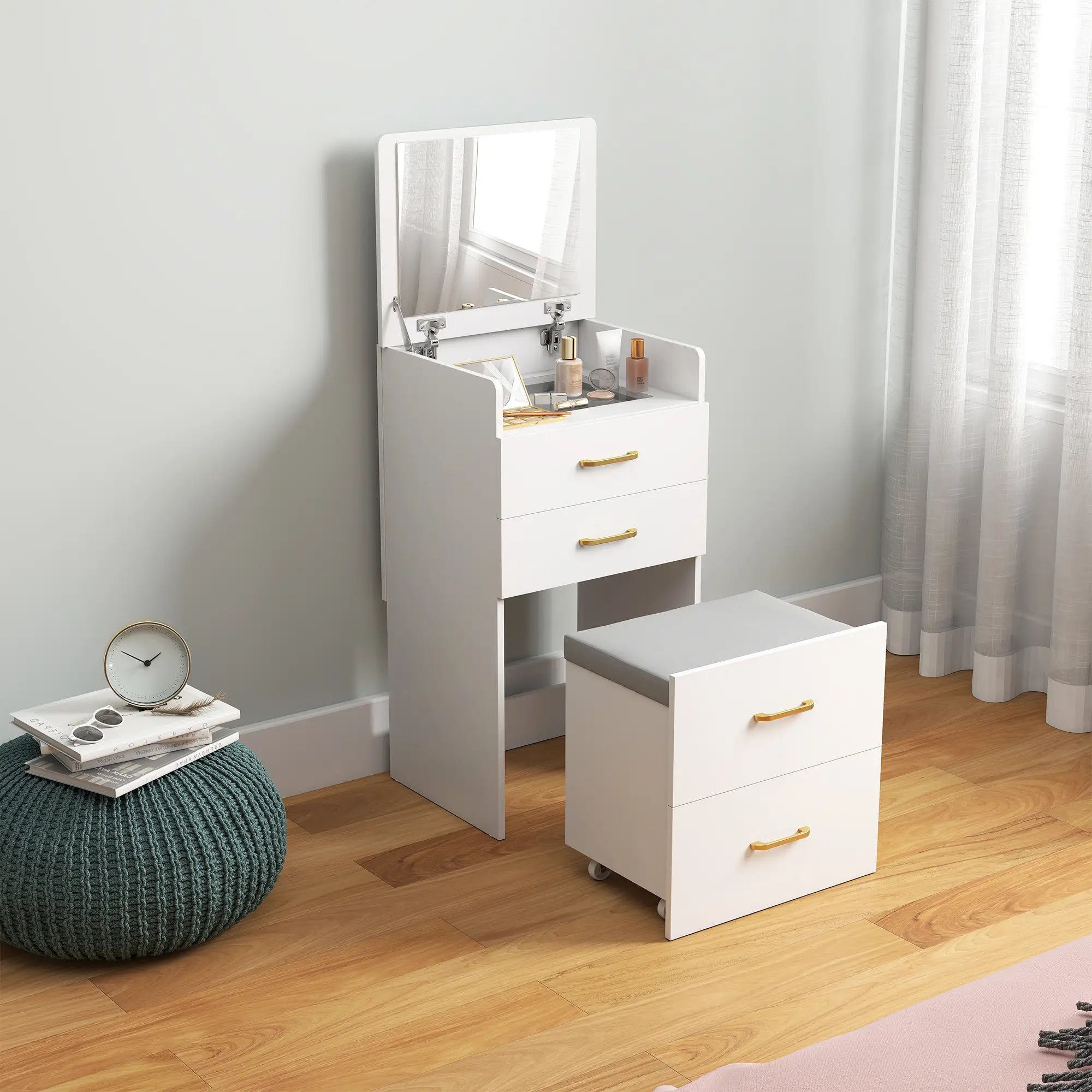 Nancy's Maniago Kaptafel - Make Up Tafel - Inclusief Kruk - Wit - ± 50 x 40 x 90 cm