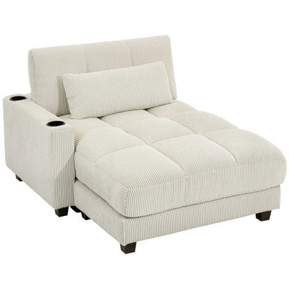 Nancy's Pedara Lounge Fauteuil - Relaxstoel - Loungestoel - Chaise Longue- Bekerhouders - Crèmewit - Corduroy