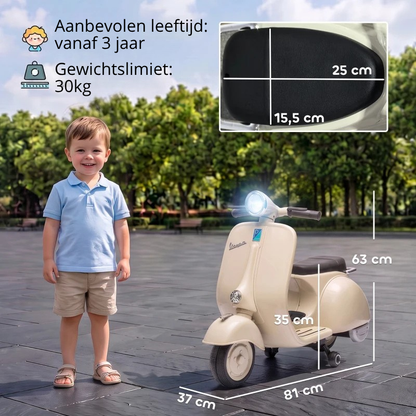 Nancy's Tolmezzo Elektrische Vespa voor Kinderen - Muziek en LED-koplamp - Afneembare zijwieltjes - Wit / Zwart
