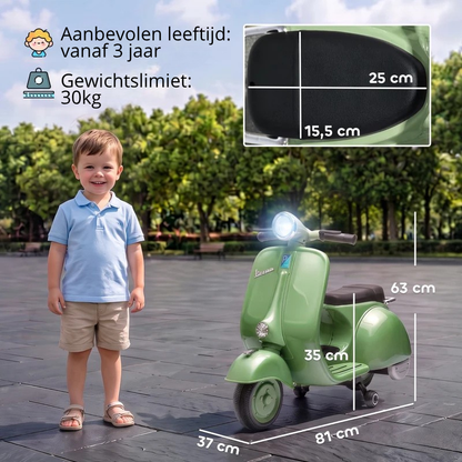 Nancy's Tolmezzo Elektrische Vespa voor Kinderen - Muziek en LED-koplamp - Afneembare zijwieltjes - Groen