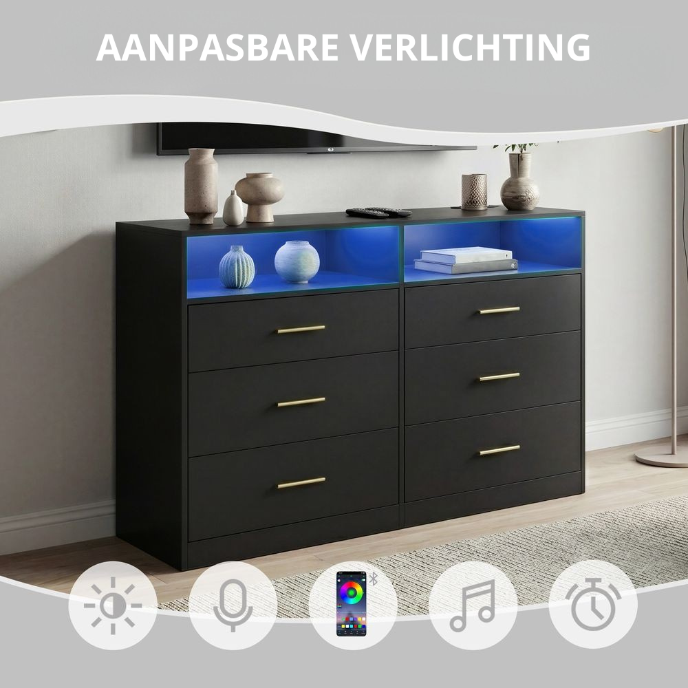 Nancy's Strongoli Commode - Ladekast - Opbergkast - LED-Verlichting - Zwart - ± 120 x 40 x 80 cm