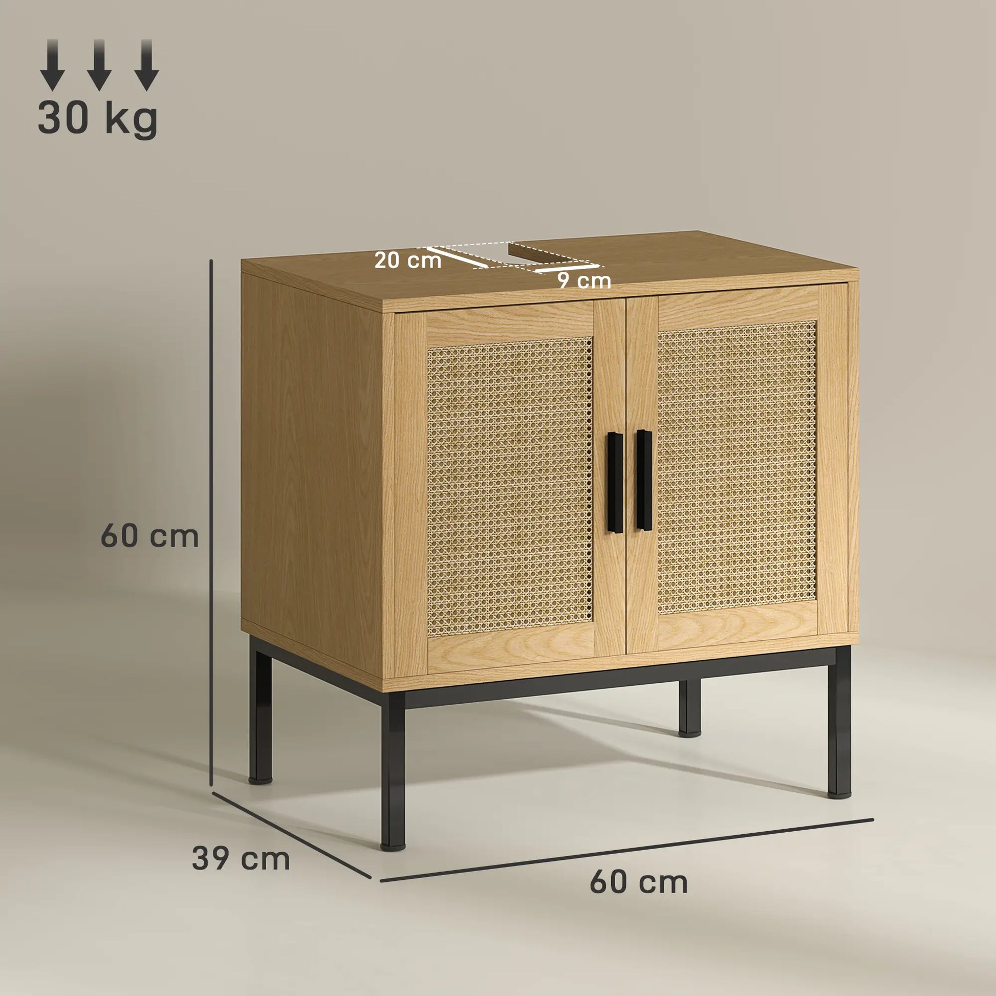 Nancy's Castelmola Wastafelkast - Badkamerkast - Wastafelmeubel - Eiken - Rotan - ± 60 x 40 x 60 cm
